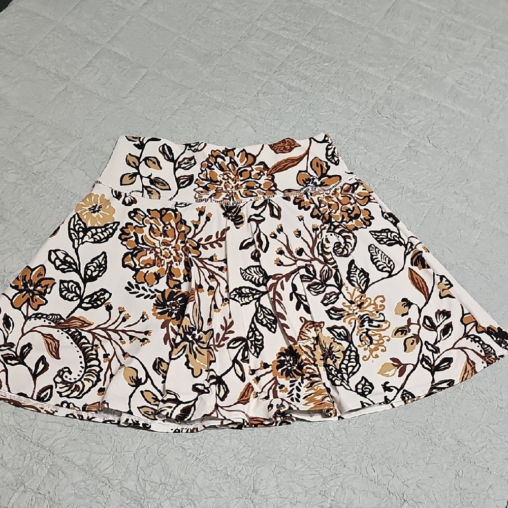 White Floral Skater Skirt with Brown and Black Print